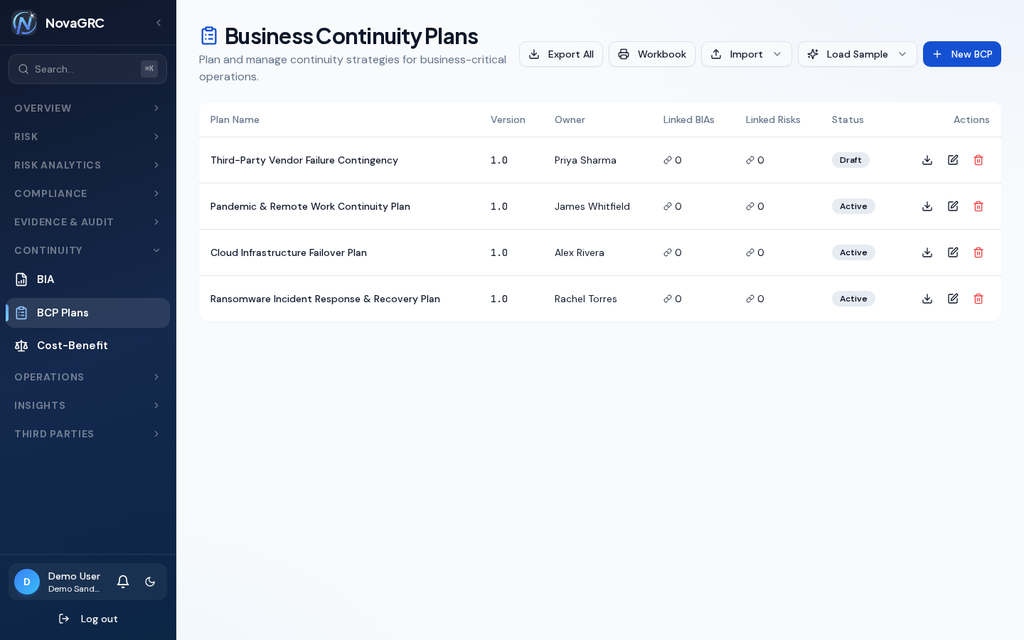 Business Continuity Plans with named owners and active or draft statuses