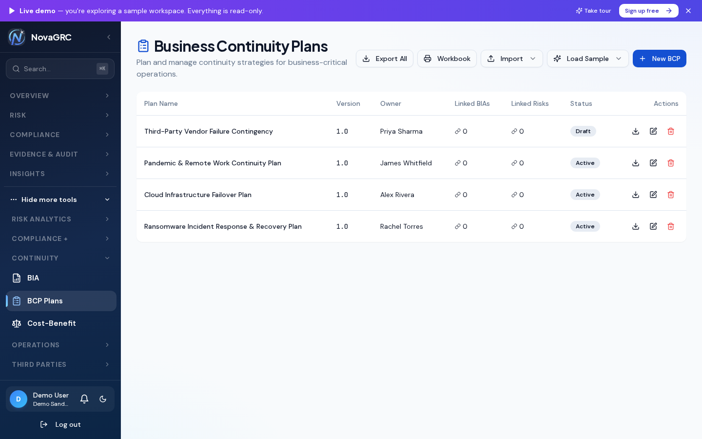 Business Continuity Plans with named owners and active or draft statuses