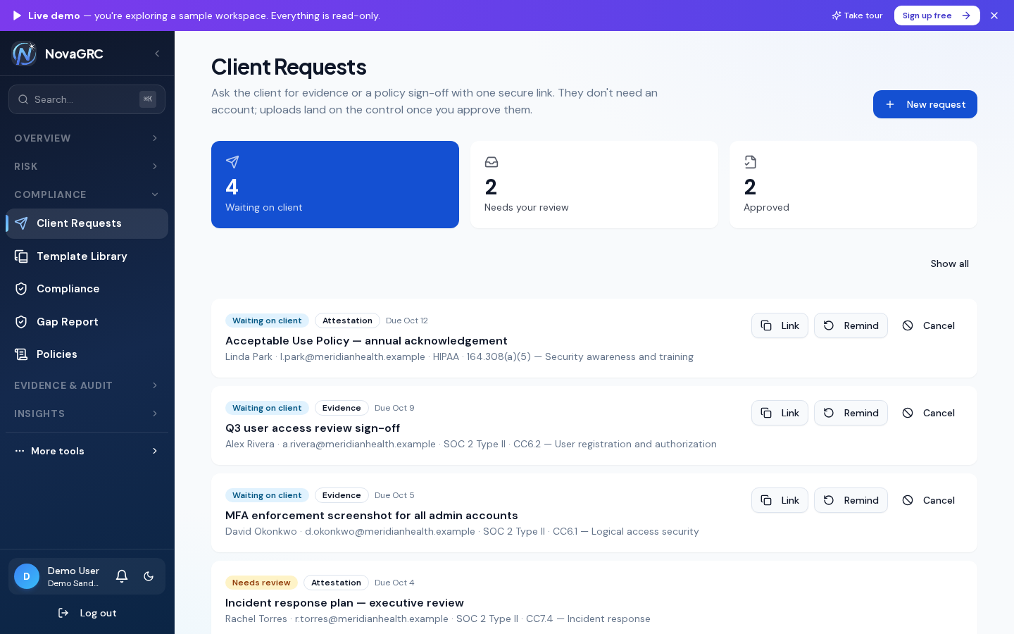 Client Requests page with counters for requests waiting on the client, needing review, and approved