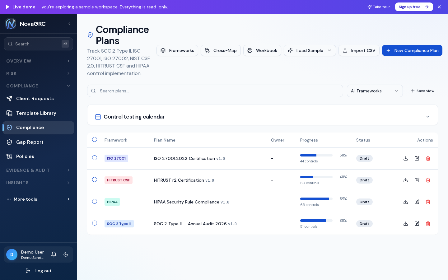 Compliance plans for ISO 27001, HITRUST CSF, HIPAA and SOC 2 Type II with control counts and progress bars