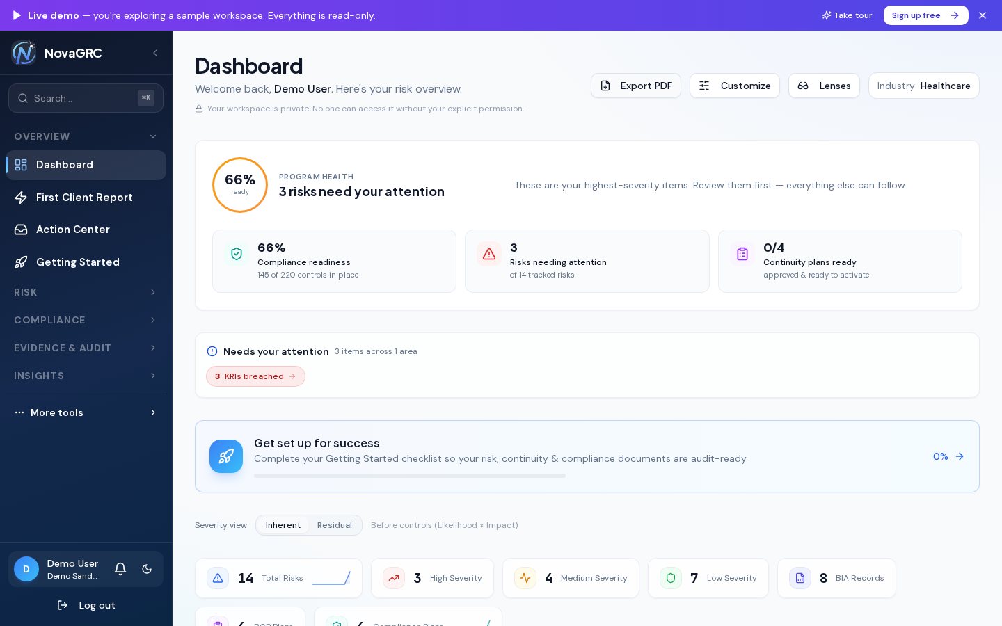 Dashboard with a program health score, compliance readiness, risks needing attention and continuity plan status