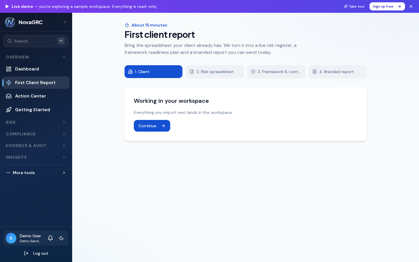 First client report wizard with four steps: client, risk spreadsheet, framework and controls, branded report