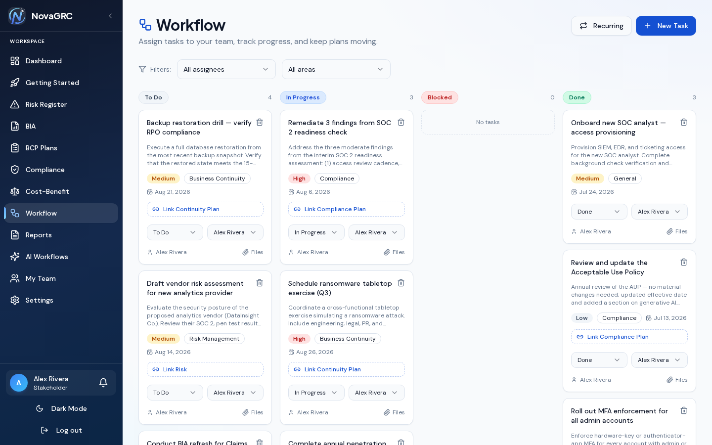 Workflow task board with To Do, In Progress, Blocked, and Done columns