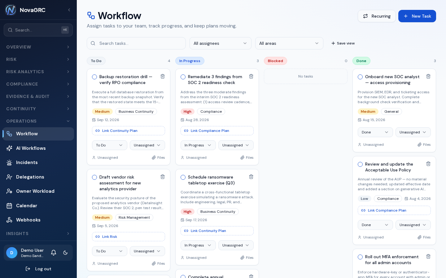 Workflow task board with To Do, In Progress, Blocked, and Done columns