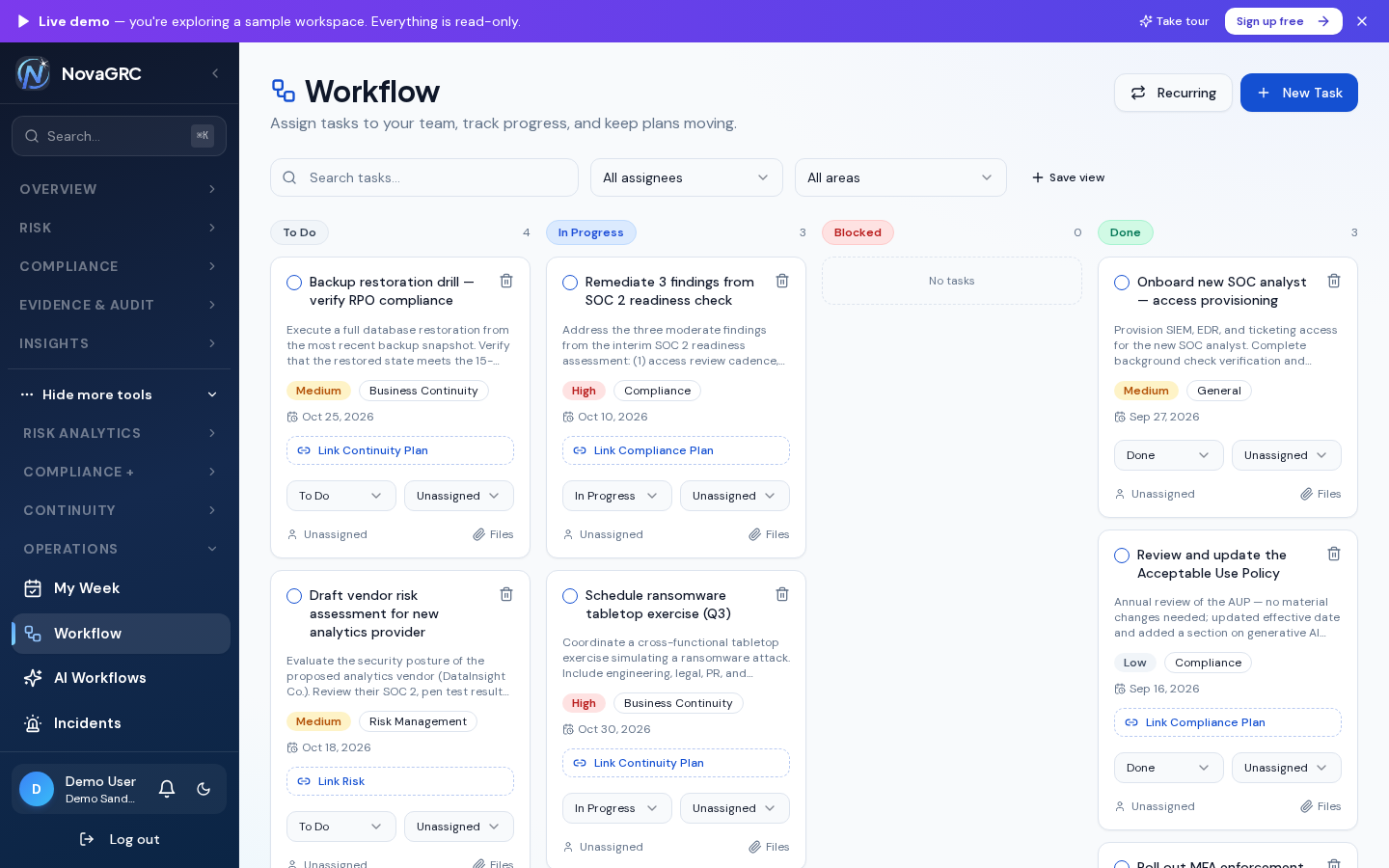 Workflow task board with To Do, In Progress, Blocked, and Done columns