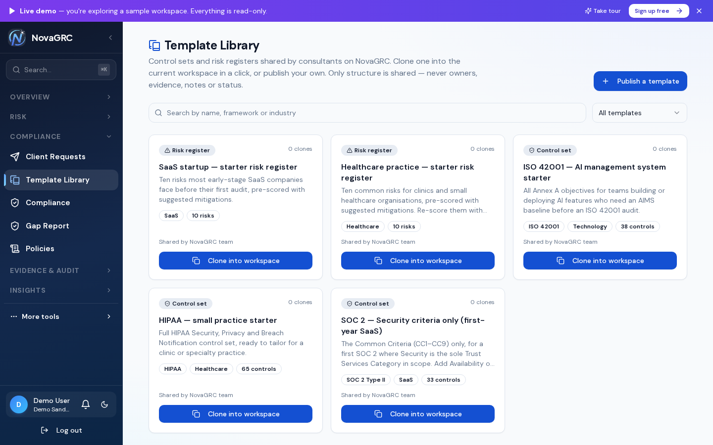 Template library with starter control sets and risk registers ready to clone into a workspace