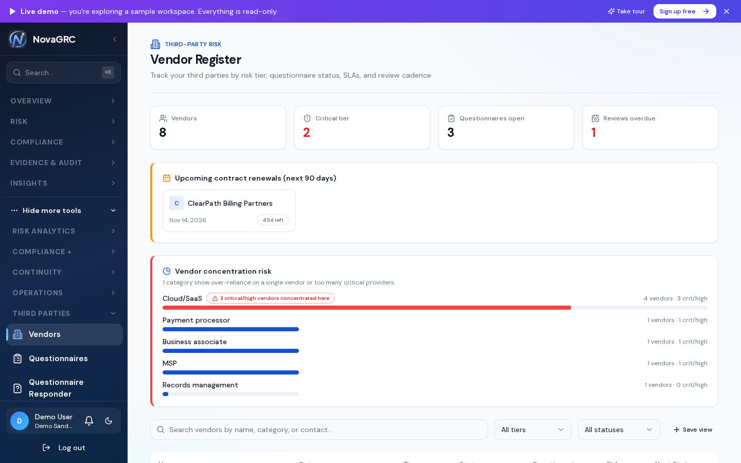 Vendor risk register with criticality tiers, questionnaire status, upcoming renewals and concentration risk
